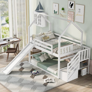 English Elm Twin House Bunk Bed with Slide and Storage Staircase, Pine/MDF Construction, Space-Saving Playful Design White GX000707AAK