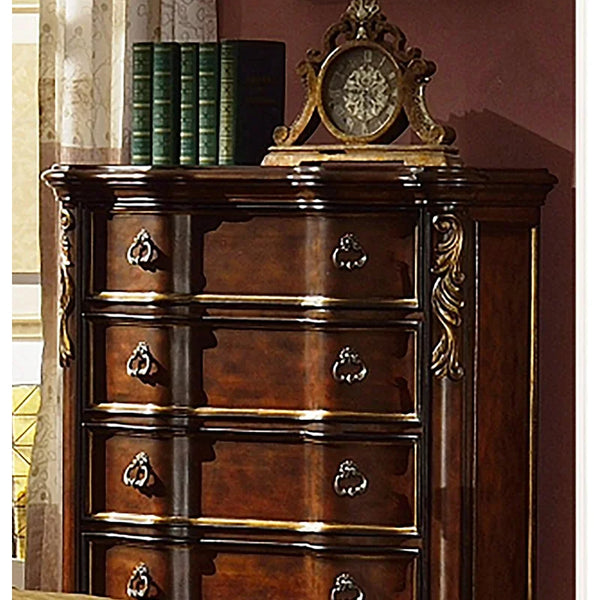 English Elm Bella Transitional 5pc King Bedroom Set in Rich Walnut with Upholstered Wing Headboard, Marble Tops B009S01605