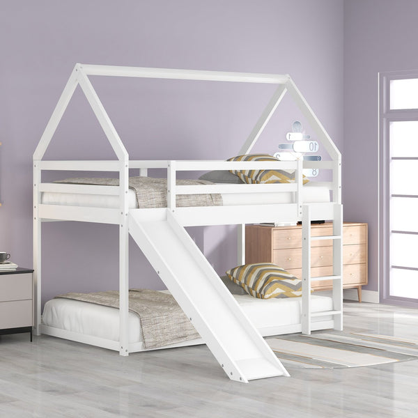 English Elm Twin House Bunk Bed with Slide and Ladder for Kids - Pine & MDF Sturdy Design, Guardrails, Playful Loft Retreat White WF285894AAK