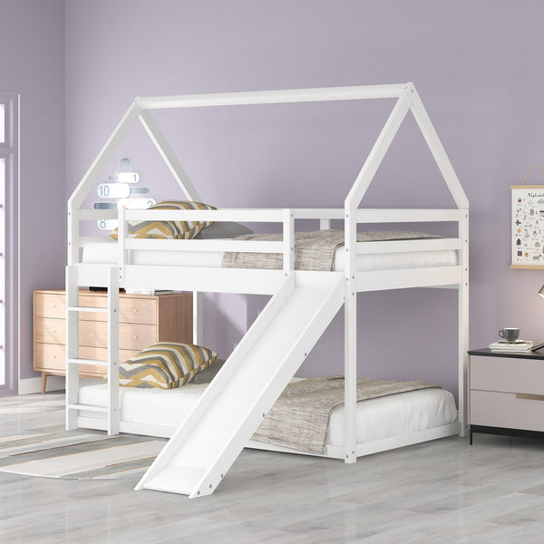 English Elm Twin House Bunk Bed with Slide and Ladder for Kids - Pine & MDF Sturdy Design, Guardrails, Playful Loft Retreat White WF285894AAK