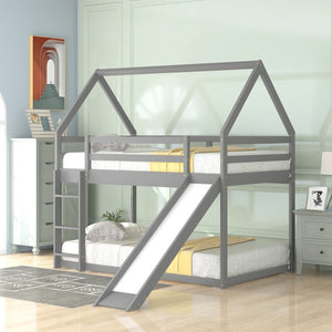 English Elm Twin House Bunk Bed with Slide and Ladder for Kids - Pine & MDF Sturdy Design, Guardrails, Playful Loft Retreat Gray WF285894AAE