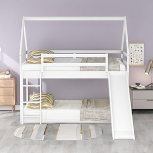English Elm Twin House Bunk Bed with Slide and Ladder for Kids - Pine & MDF Sturdy Design, Guardrails, Playful Loft Retreat White WF285894AAK