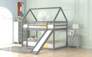 English Elm Twin House Bunk Bed with Slide and Ladder for Kids - Pine & MDF Sturdy Design, Guardrails, Playful Loft Retreat Gray WF285894AAE