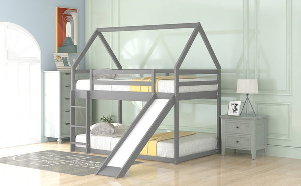English Elm Twin House Bunk Bed with Slide and Ladder for Kids - Pine & MDF Sturdy Design, Guardrails, Playful Loft Retreat Gray WF285894AAE