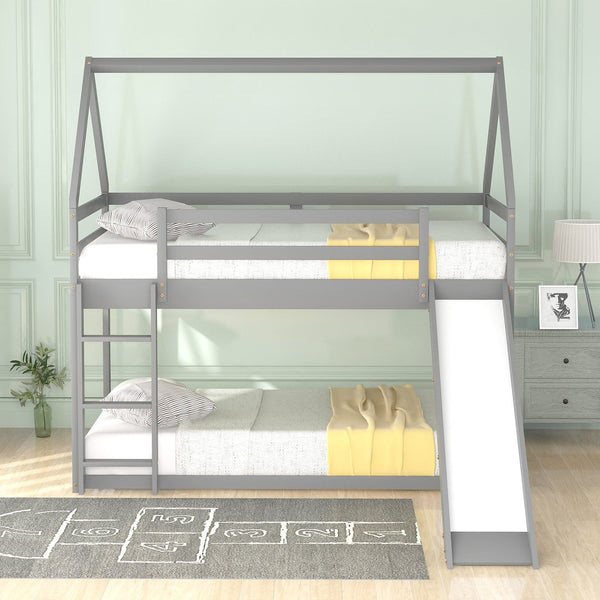 English Elm Twin House Bunk Bed with Slide and Ladder for Kids - Pine & MDF Sturdy Design, Guardrails, Playful Loft Retreat Gray WF285894AAE