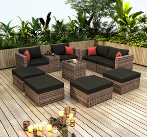 English Elm 10 Piece Brown Wicker Outdoor Sectional Sofa Set with Black Cushions, Red Pillows & Protective Cover, Steel Frame Durability W400S00038