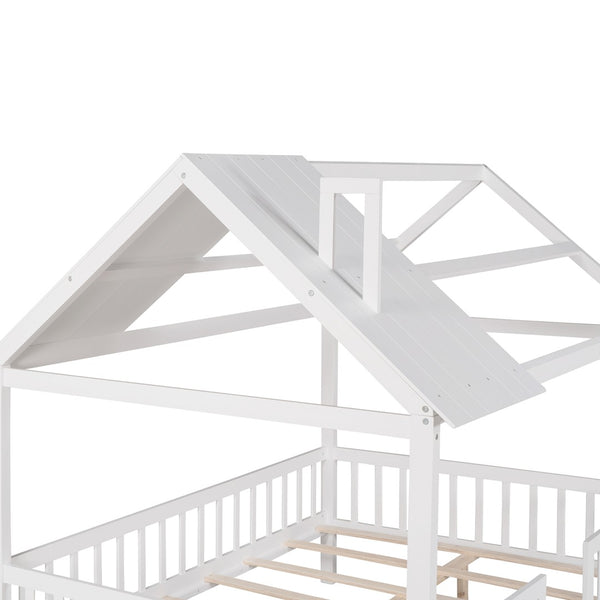 English Elm Full Size White Pinewood Playhouse Bed with Roofline Chimney and Slatted Guard Rails LP000087AAK-1