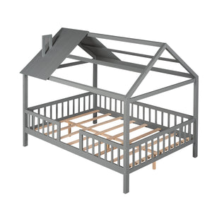 Hearth and Haven Anthony Full House Bed with Roof, Chimney and Fence, Grey LP000087AAE