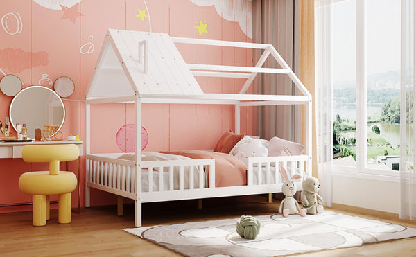 English Elm Full Size White Pinewood Playhouse Bed with Roofline Chimney and Slatted Guard Rails LP000087AAK-1