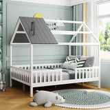 Full Size Wood House Bed with Fence+Gray