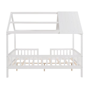 English Elm Full Size White Pinewood Playhouse Bed with Roofline Chimney and Slatted Guard Rails LP000087AAK-1