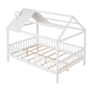 English Elm Full Size White Pinewood Playhouse Bed with Roofline Chimney and Slatted Guard Rails LP000087AAK-1