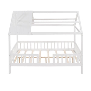 English Elm Full Size White Pinewood Playhouse Bed with Roofline Chimney and Slatted Guard Rails LP000087AAK-1