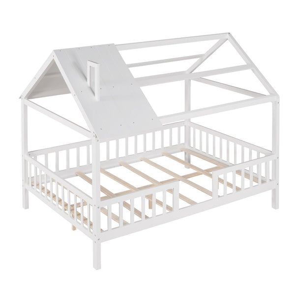 English Elm Full Size White Pinewood Playhouse Bed with Roofline Chimney and Slatted Guard Rails LP000087AAK-1