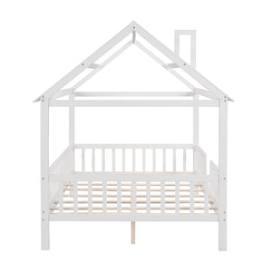 English Elm Full Size White Pinewood Playhouse Bed with Roofline Chimney and Slatted Guard Rails LP000087AAK-1