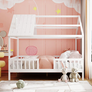English Elm Full Size White Pinewood Playhouse Bed with Roofline Chimney and Slatted Guard Rails LP000087AAK-1