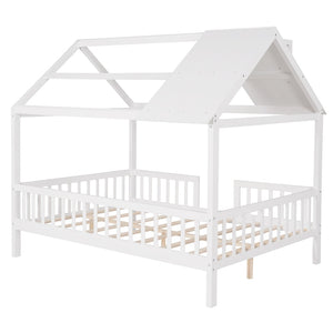English Elm Full Size White Pinewood Playhouse Bed with Roofline Chimney and Slatted Guard Rails LP000087AAK-1