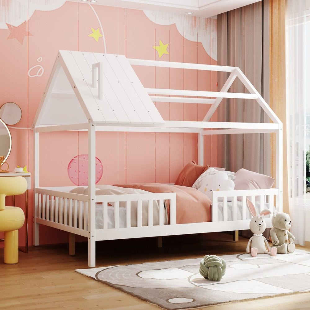 English Elm Full Size White Pinewood Playhouse Bed with Roofline Chimney and Slatted Guard Rails LP000087AAK-1