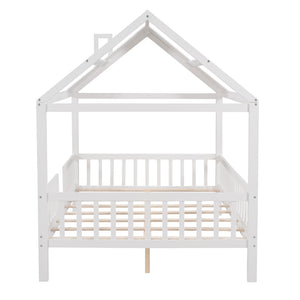 English Elm Full Size White Pinewood Playhouse Bed with Roofline Chimney and Slatted Guard Rails LP000087AAK-1