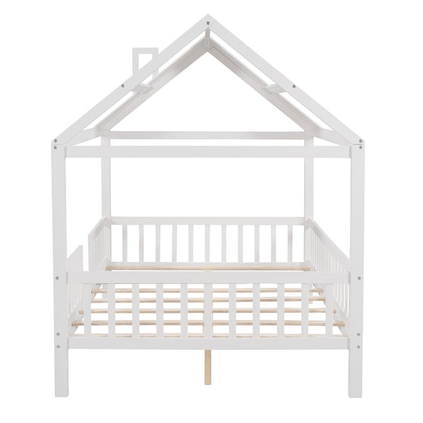 English Elm Full Size White Pinewood Playhouse Bed with Roofline Chimney and Slatted Guard Rails LP000087AAK-1