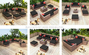 English Elm 10 Piece Brown Wicker Outdoor Sectional Sofa Set with Black Cushions, Red Pillows & Protective Cover, Steel Frame Durability W400S00038