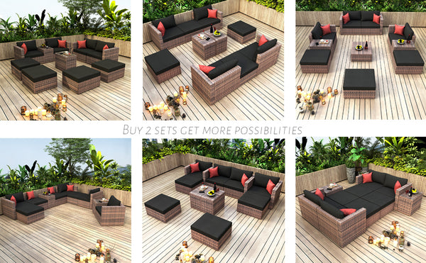 English Elm 10 Piece Brown Wicker Outdoor Sectional Sofa Set with Black Cushions, Red Pillows & Protective Cover, Steel Frame Durability W400S00038