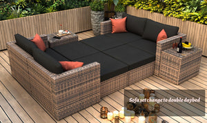 English Elm 10 Piece Brown Wicker Outdoor Sectional Sofa Set with Black Cushions, Red Pillows & Protective Cover, Steel Frame Durability W400S00038