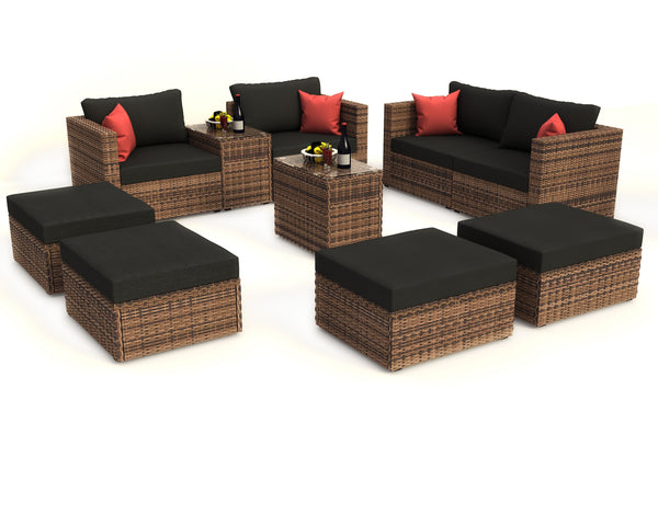 English Elm 10 Piece Brown Wicker Outdoor Sectional Sofa Set with Black Cushions, Red Pillows & Protective Cover, Steel Frame Durability W400S00038