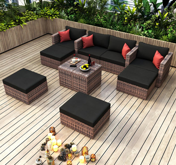 English Elm 10 Piece Brown Wicker Outdoor Sectional Sofa Set with Black Cushions, Red Pillows & Protective Cover, Steel Frame Durability W400S00038