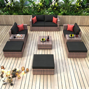 English Elm 10 Piece Brown Wicker Outdoor Sectional Sofa Set with Black Cushions, Red Pillows & Protective Cover, Steel Frame Durability W400S00038