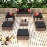 English Elm 10 Pieces Outdoor Patio Garden Brown Wicker Sectional Conversation Sofa Set With Black Cushions and Red Pillows,W/ Furniture Protection Cover