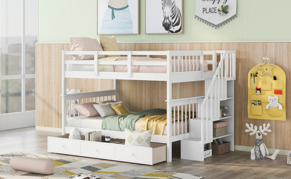 English Elm Stairway Full Over Bunk Bed with Built in Stair Storage and Safety Guard Rail White LT100310AAK-1