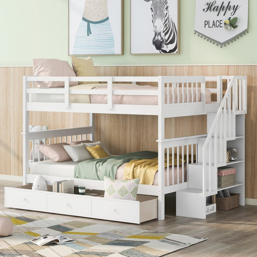 English Elm Stairway Full Over Bunk Bed with Built in Stair Storage and Safety Guard Rail White LT100310AAK-1