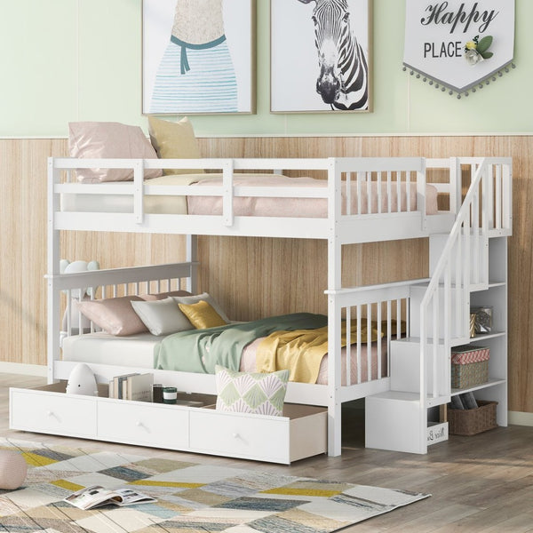English Elm Stairway Full Over Bunk Bed with Built in Stair Storage and Safety Guard Rail White LT100310AAK-1