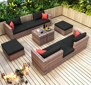 English Elm 10 Piece Brown Wicker Outdoor Sectional Sofa Set with Black Cushions, Red Pillows & Protective Cover, Steel Frame Durability W400S00038