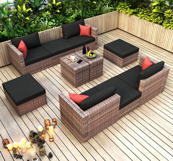 English Elm 10 Piece Brown Wicker Outdoor Sectional Sofa Set with Black Cushions, Red Pillows & Protective Cover, Steel Frame Durability W400S00038