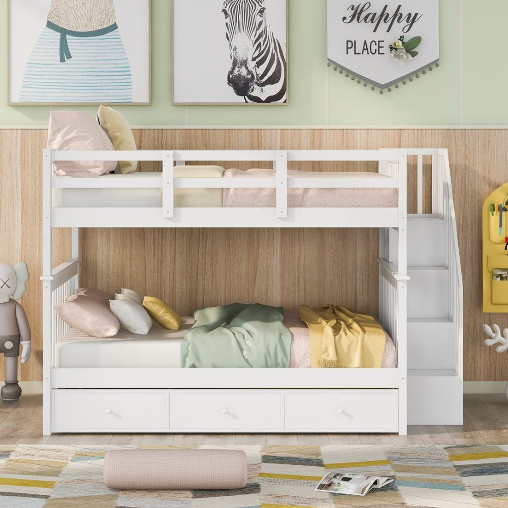 English Elm Stairway Full Over Bunk Bed with Built in Stair Storage and Safety Guard Rail White LT100310AAK-1