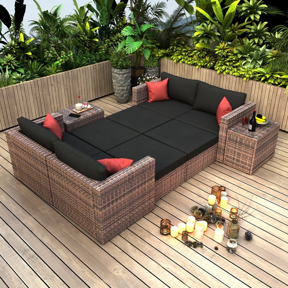 English Elm 10 Piece Brown Wicker Outdoor Sectional Sofa Set with Black Cushions, Red Pillows & Protective Cover, Steel Frame Durability W400S00038