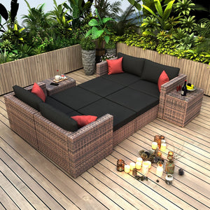 English Elm 10 Piece Brown Wicker Outdoor Sectional Sofa Set with Black Cushions, Red Pillows & Protective Cover, Steel Frame Durability W400S00038
