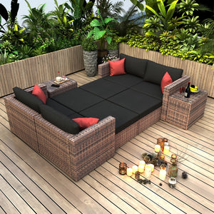 English Elm 10 Pieces Outdoor Patio Garden Brown Wicker Sectional Conversation Sofa Set With Black Cushions and Red Pillows,W/ Furniture Protection Cover