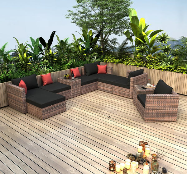 English Elm 10 Piece Brown Wicker Outdoor Sectional Sofa Set with Black Cushions, Red Pillows & Protective Cover, Steel Frame Durability W400S00038