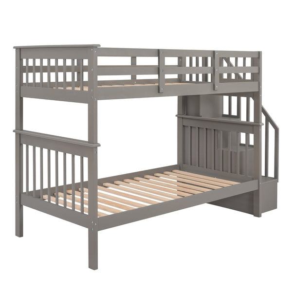 English Elm Stairway Twin Over Bunk Bed with Stair Storage and Full Length Guard Rail LT000109AAE