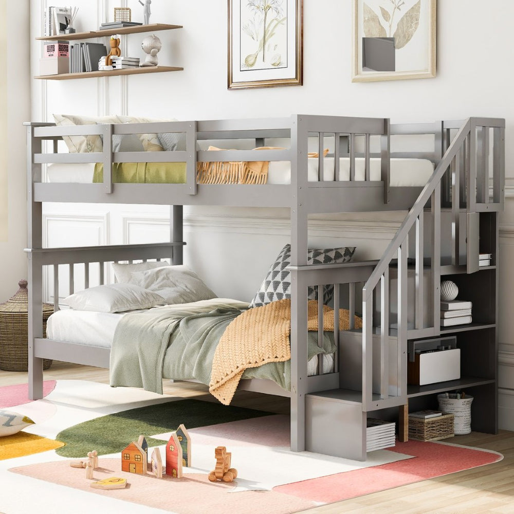 English Elm Stairway Twin Over Bunk Bed with Stair Storage and Full Length Guard Rail LT000109AAE