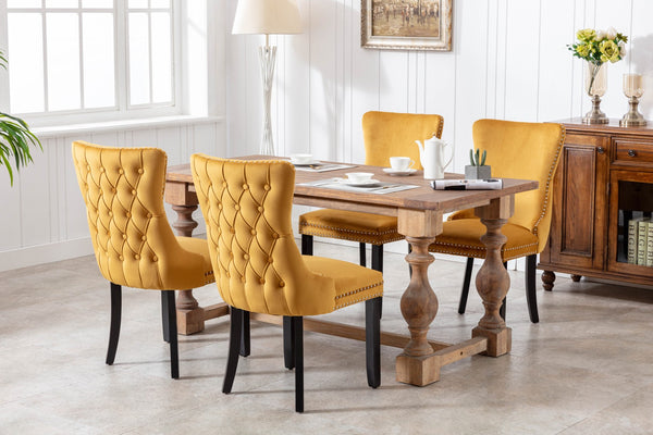English Elm A&a Furniture Velvet Wingback Dining Chairs Nailhead Trim Solid Wood Legs Set 2 Gold W114351691