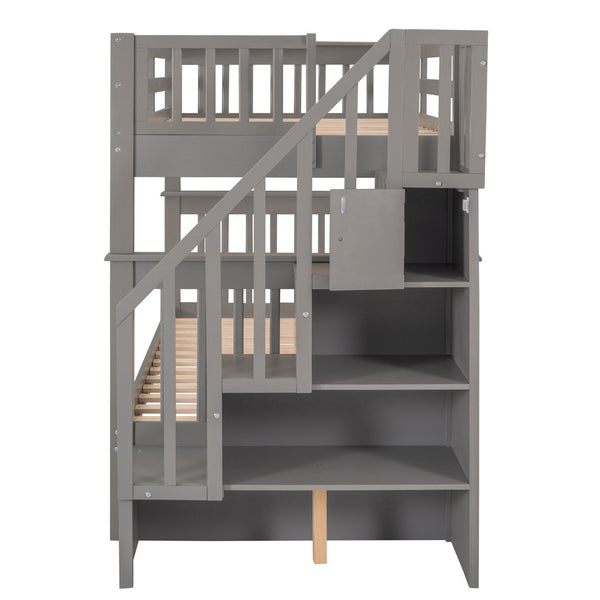 English Elm Stairway Twin Over Bunk Bed with Stair Storage and Full Length Guard Rail LT000109AAE