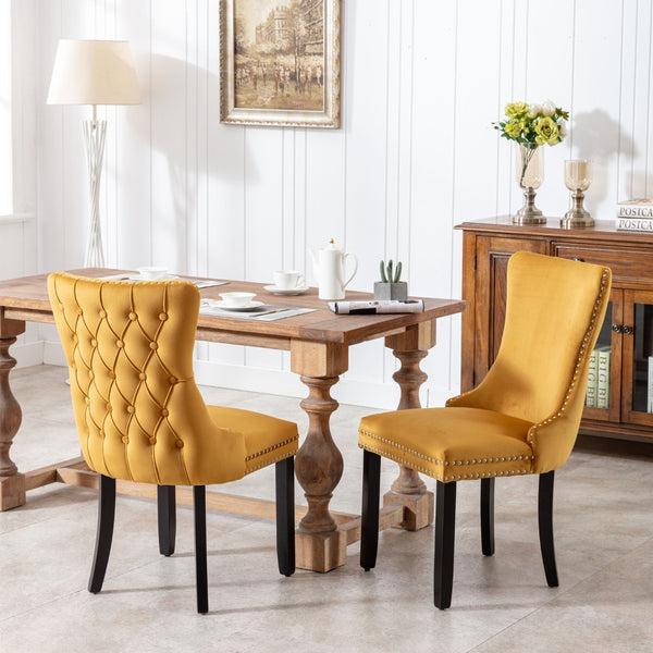 English Elm A&a Furniture Velvet Wingback Dining Chairs Nailhead Trim Solid Wood Legs Set 2 Gold W114351691