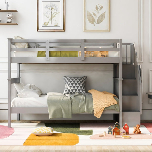 English Elm Stairway Twin Over Bunk Bed with Stair Storage and Full Length Guard Rail LT000109AAE