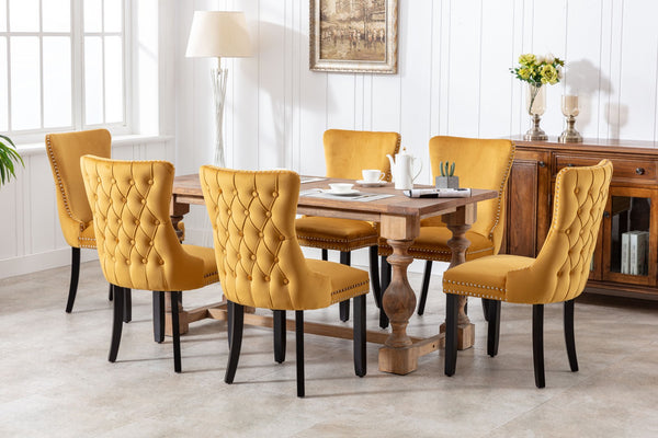 English Elm A&a Furniture Velvet Wingback Dining Chairs Nailhead Trim Solid Wood Legs Set 2 Gold W114351691