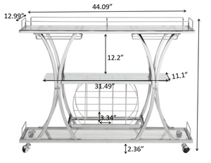 English Elm Contemporary Chrome Bar Cart with Glass Shelves Wine Rack and Rolling Casters GHNDT-BCT1003A