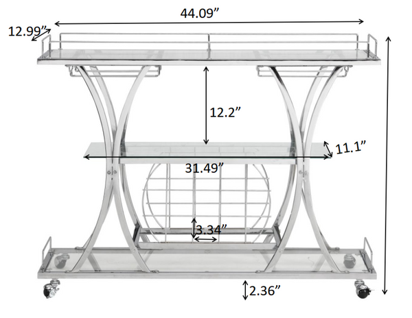 English Elm Contemporary Chrome Bar Cart with Glass Shelves Wine Rack and Rolling Casters GHNDT-BCT1003A